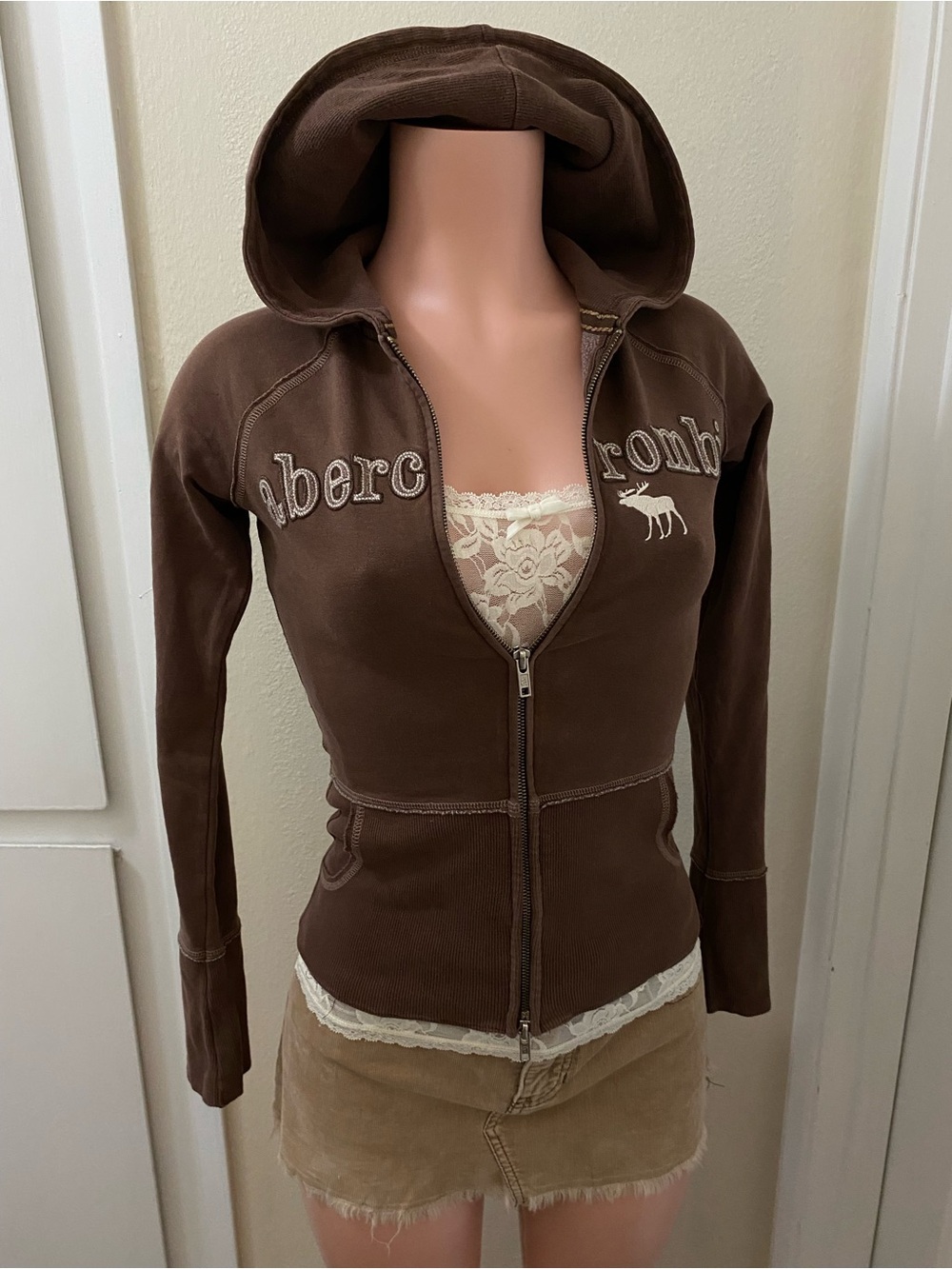 Y2k Vintage Abercrombie brown double zip up hooded sweater - Picture 12 of 16